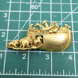 AJC Vintage Pin Brooch Brushed Gold Noah's Ark Chunky Signed 1980s